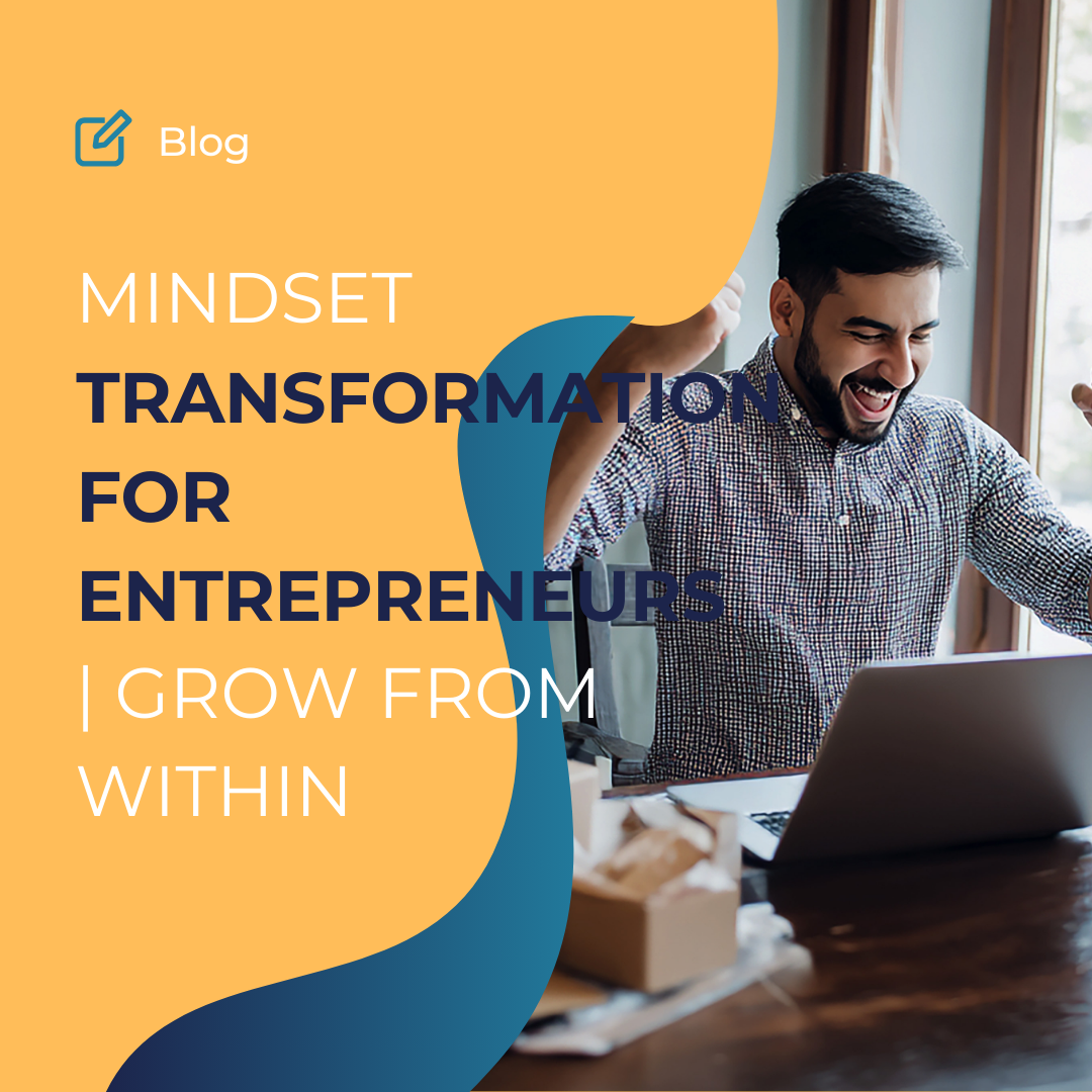 Man is happy becouse business is growing, Mindset transformation for enterprenuer| grow from within is text on picture.