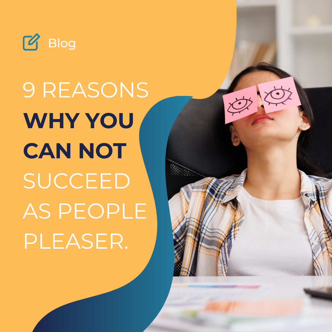 Tex on picture is 9 reasons why you can not succeed as a peolpe pleaser, pictuer is sleeping woman with sticers on her eyes , with open eyes drawings.